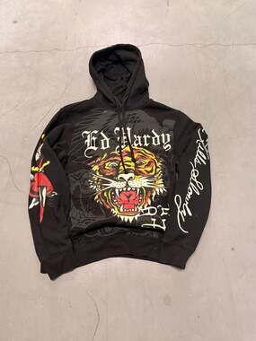 Ed Hardy Tiger Graphic DEH Logo Black Hoodie Size S